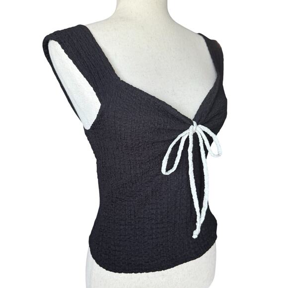 See You Monday Black Textured Crop Top Tie Front Tank Large L - Picture 2 of 7